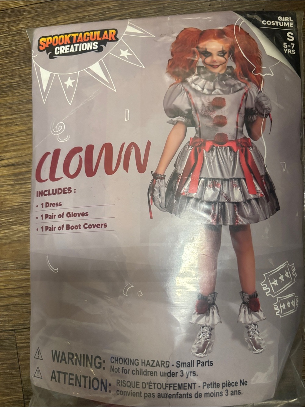 Kids Silver and Red Bloody Clown Costume - included Dress,gloves and boot covers